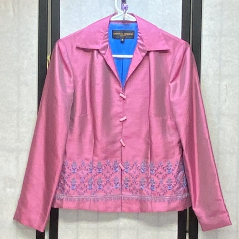 Donna Ricco Embroidered Pink Shimmery Taffeta Blazer Button Front Luxe Jacket